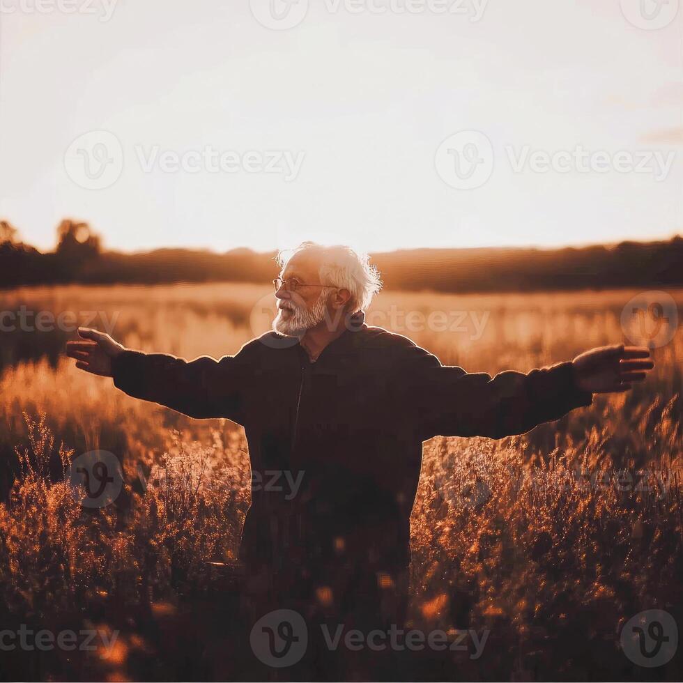 Elderly man's graceful sunset moment photo