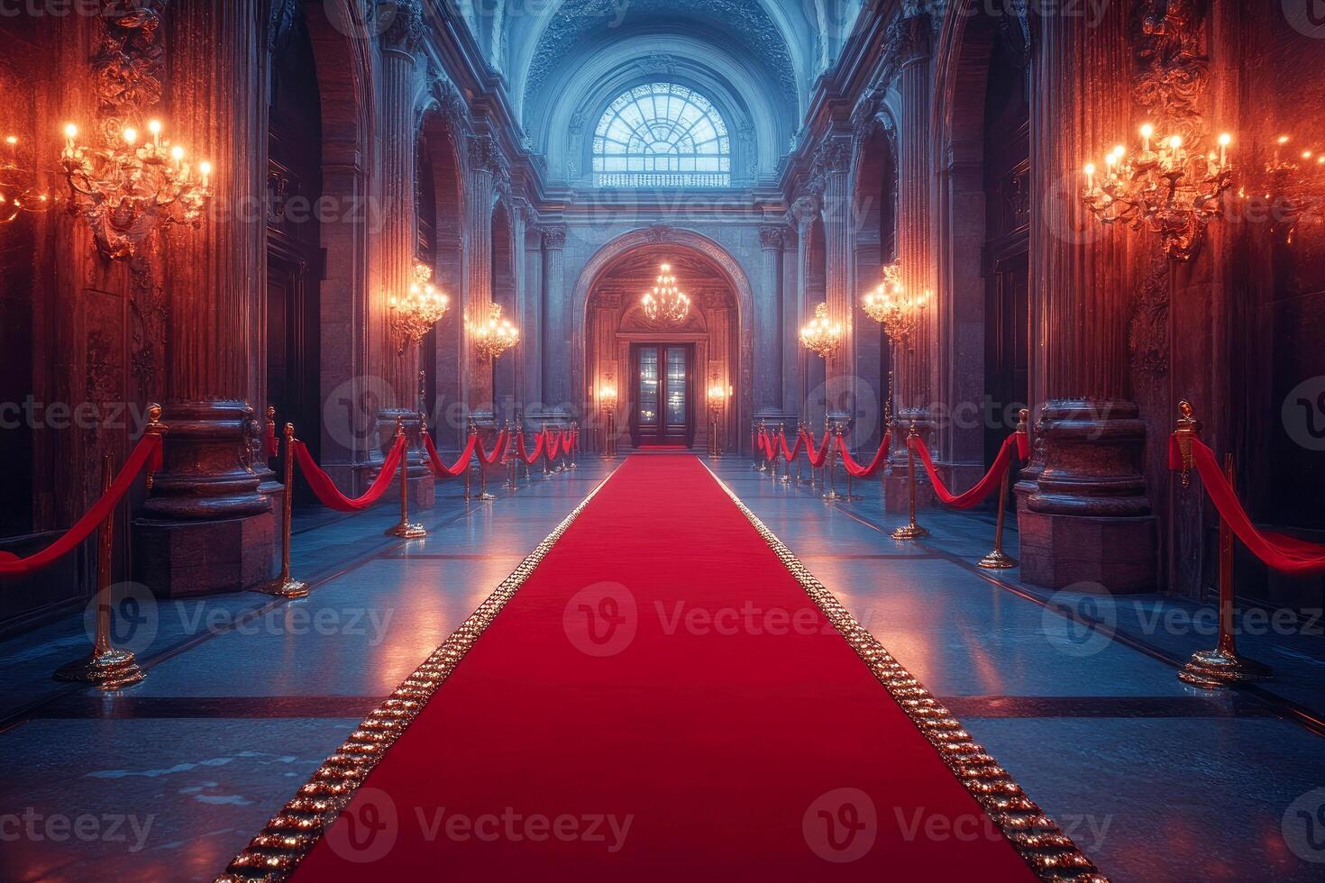 Luxurious hallway with red carpet decor photo