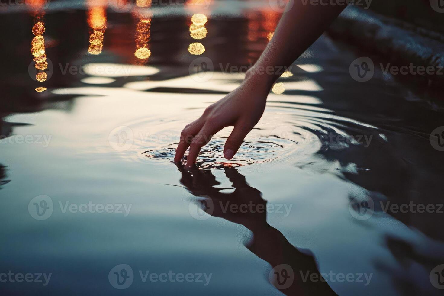 Hand creates ripples on reflecting water photo