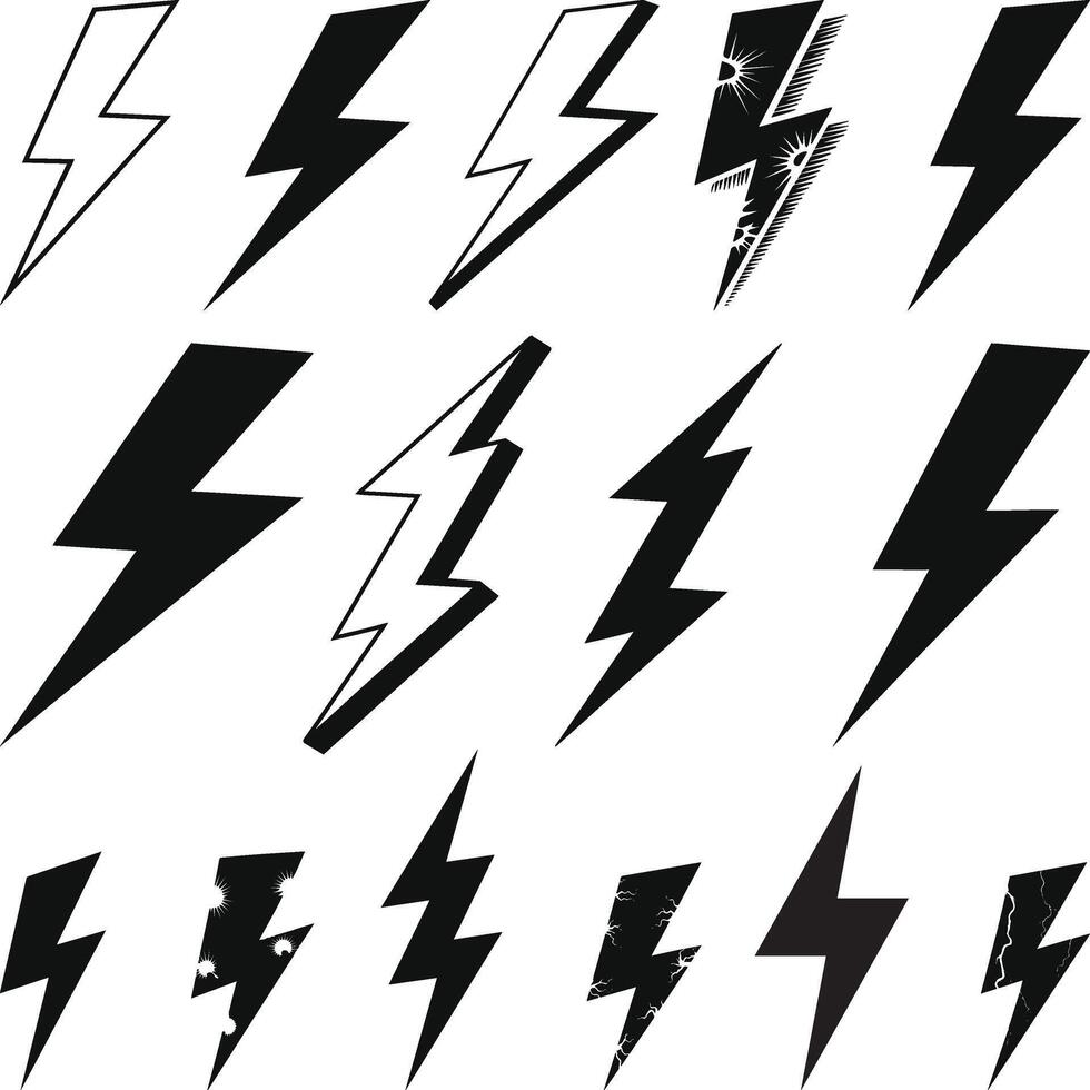 Lightning bolt icons set isolated on white background. Black flash symbol, thunderbolt vectors Silhouette illustration.