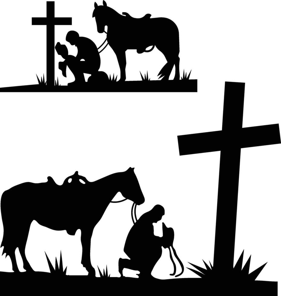 Cowboy kneeling at cross Vectors Silhouette, cowboy kneeling, Cowboy's Prayer Illustration