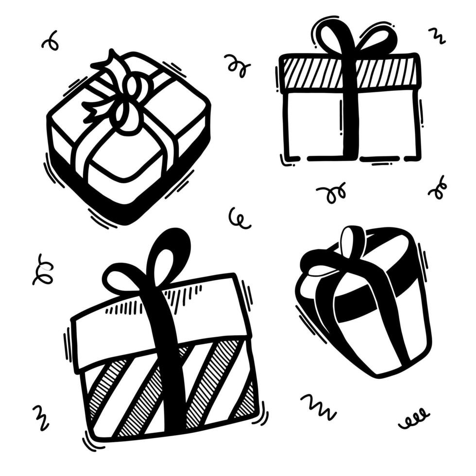 Gift box with ribbon icon Set. Gift box icon in doodle style. simple black symbol gift wrapping. vector
