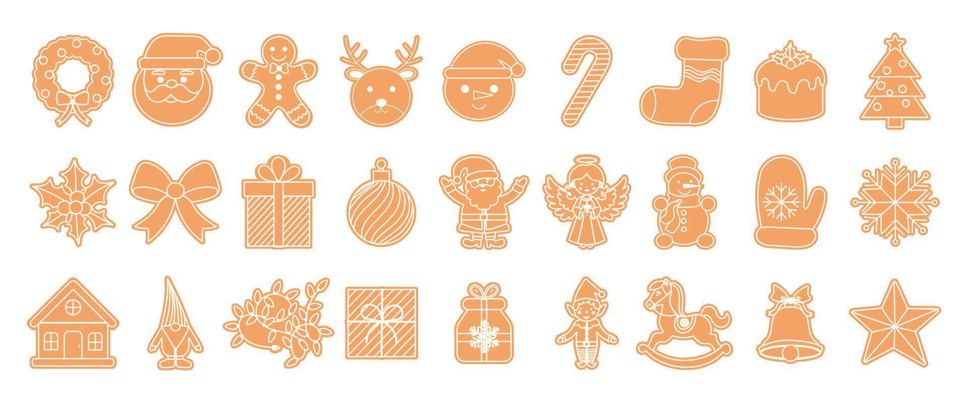 A collection of gingerbread Christmas themed icons including Santa Claus, reindeer, and a Christmas tree. Some icons are in orange and some are in white vector