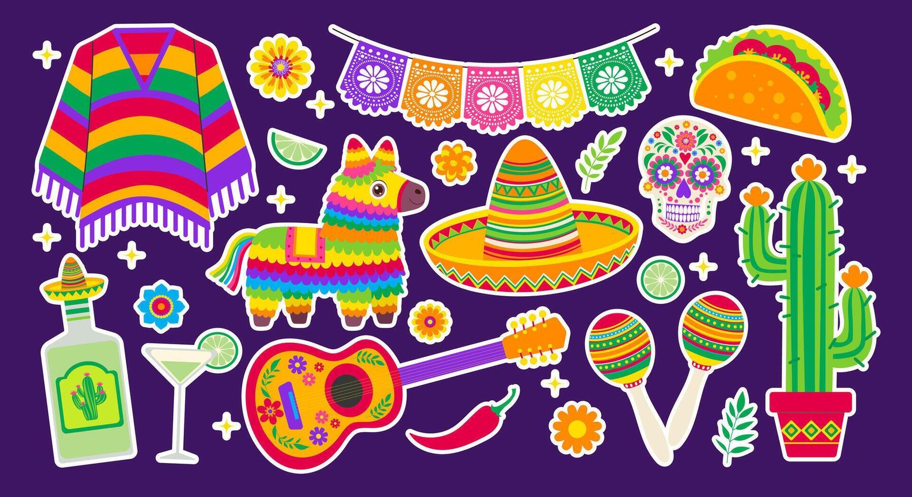 A collection of Mexican themed stickers including a sombrero, a guitar, a cactus, and a margarita glass vector