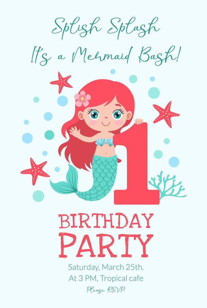 A birthday party invitation for a mermaid with a number 1 on it. The mermaid is holding a number 1 vector