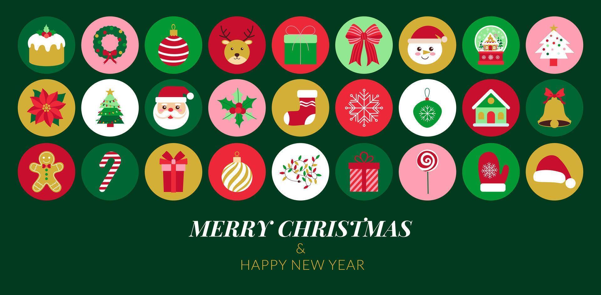 Merry Christmas and happy new year. The image is a green background with a variety of Christmas decorations such as a Santa Claus, a reindeer, a wreath, and a gingerbread man vector
