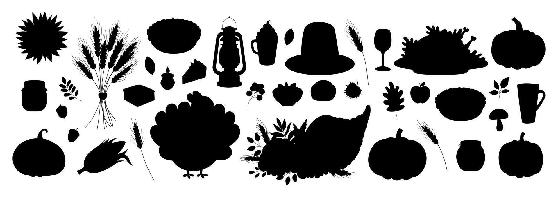 A black and white image of various Thanksgiving food items such as turkey, pumpkin, and pie. Scene is festive and celebratory, as it represents the holiday season vector