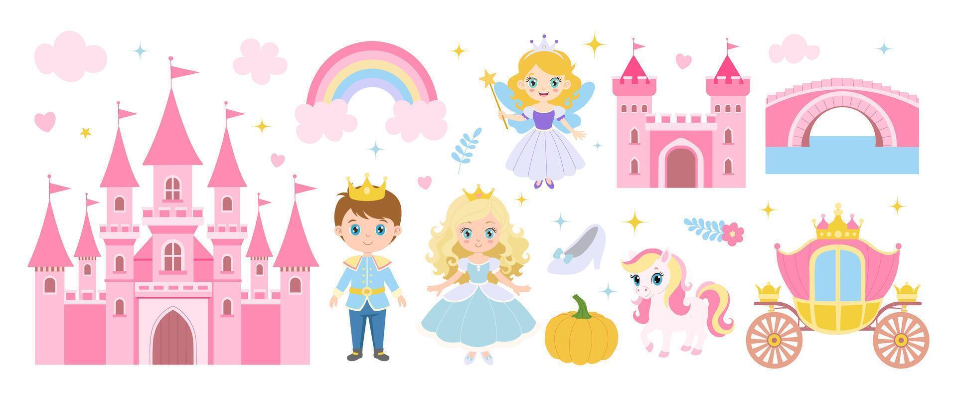 A castle with a rainbow and a princess. A princess is holding a pumpkin vector