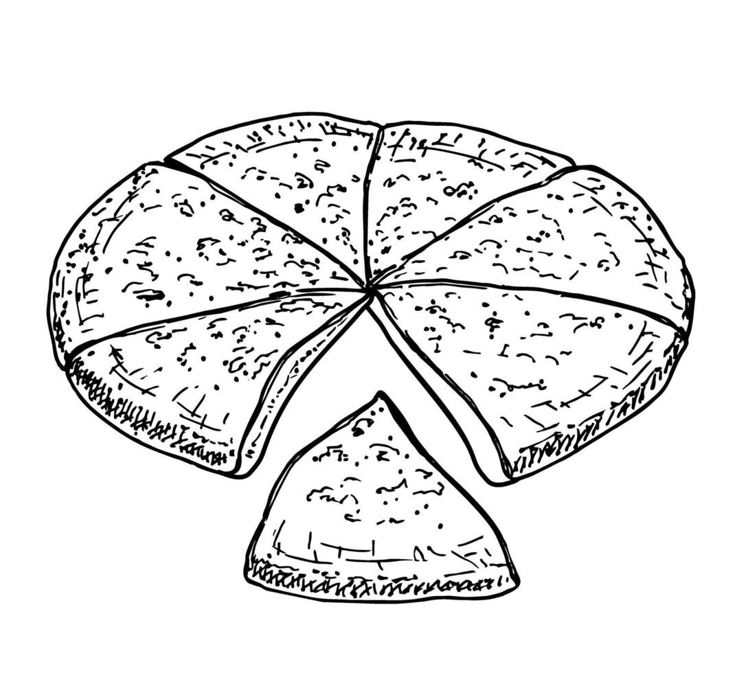Traditional Ossetian pie or khachapuri of Georgia. Mingrelian khachapuri Pizza. Baked bread filled with cheese, butter and potato. Sketch Illustration vector