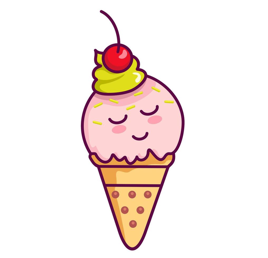 Cute waffle cone ice cream with face and cherry on top. Kawaii style with funny face. Cartoon sweet character. Cute cartoon vector