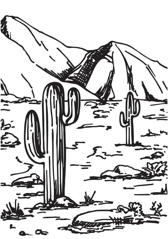Sketch of the desert of America with cacti. Summer cactus on desert. Prairie landscape. Arizona artwork vector