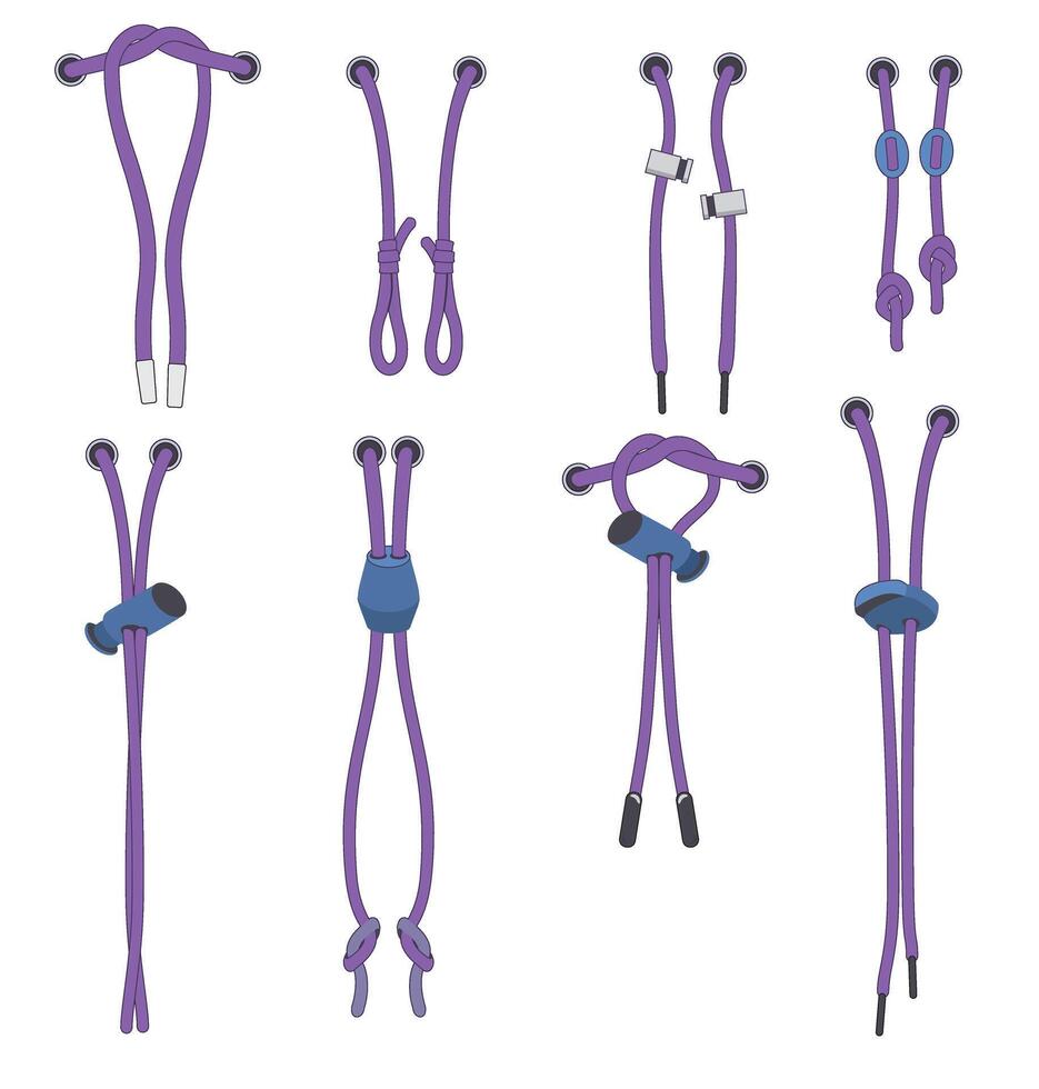 Drawstring cord stopper set. For waist band, bags, shoes, jackets, shorts, pants, drawcord aglets for clothing, accessories. Plastic Drawcord lock end toggle to pulled, tighten vector