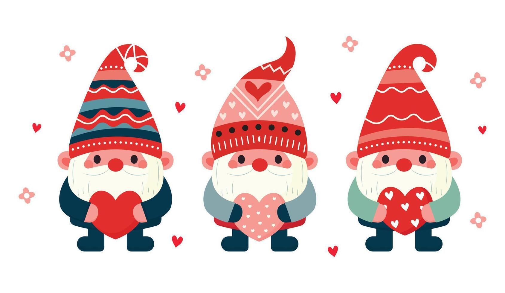 set of little cute gnomes with hearts in their hands flat illustration vector