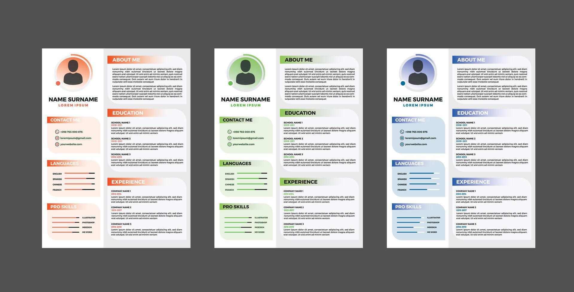 Three different resume templates with different colors vector