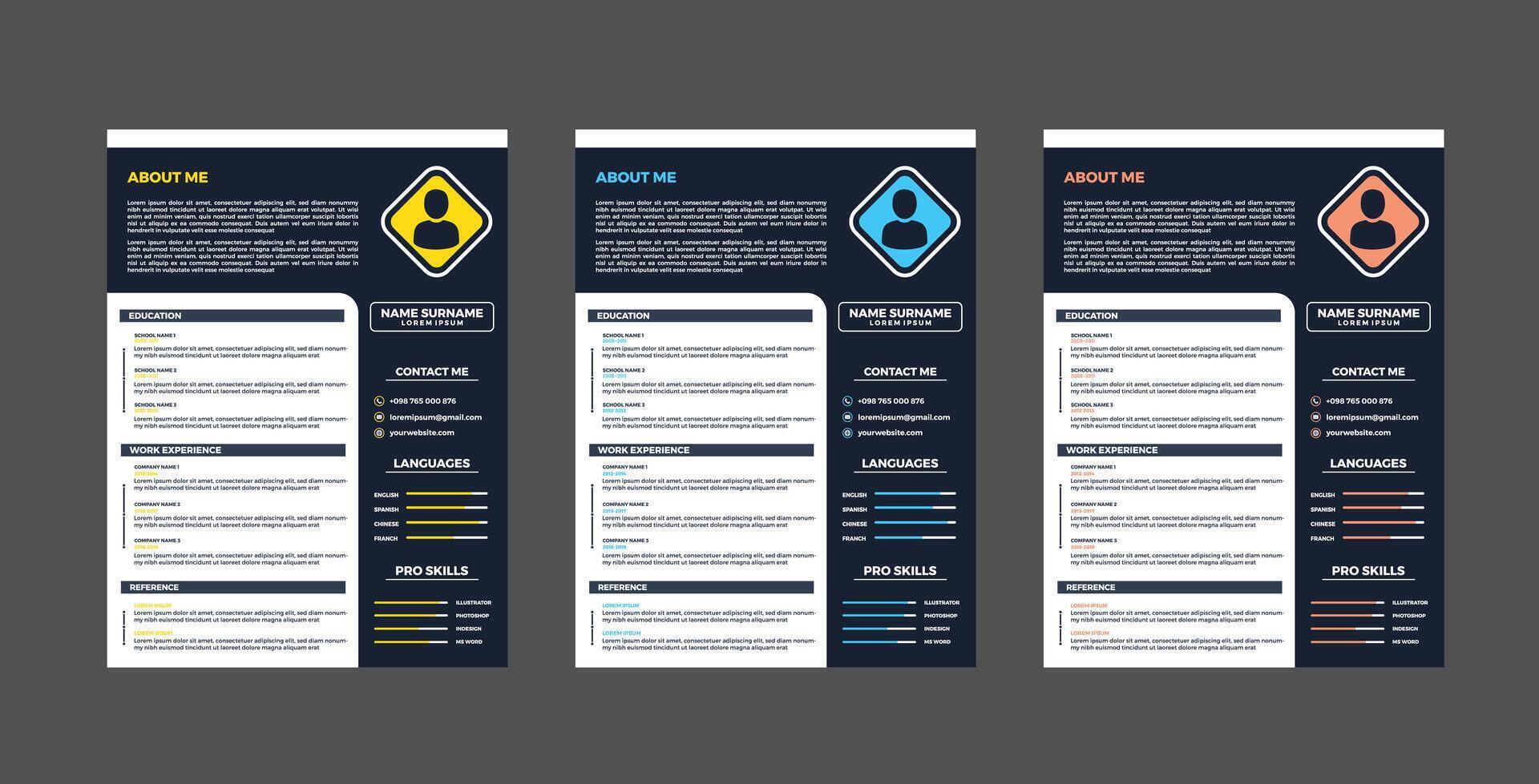 Three resume templates with different colors and shapes vector