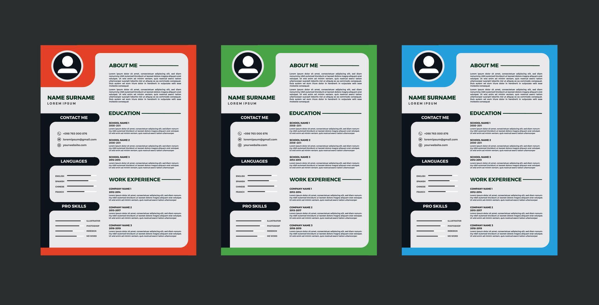 Three resume templates with different colors vector