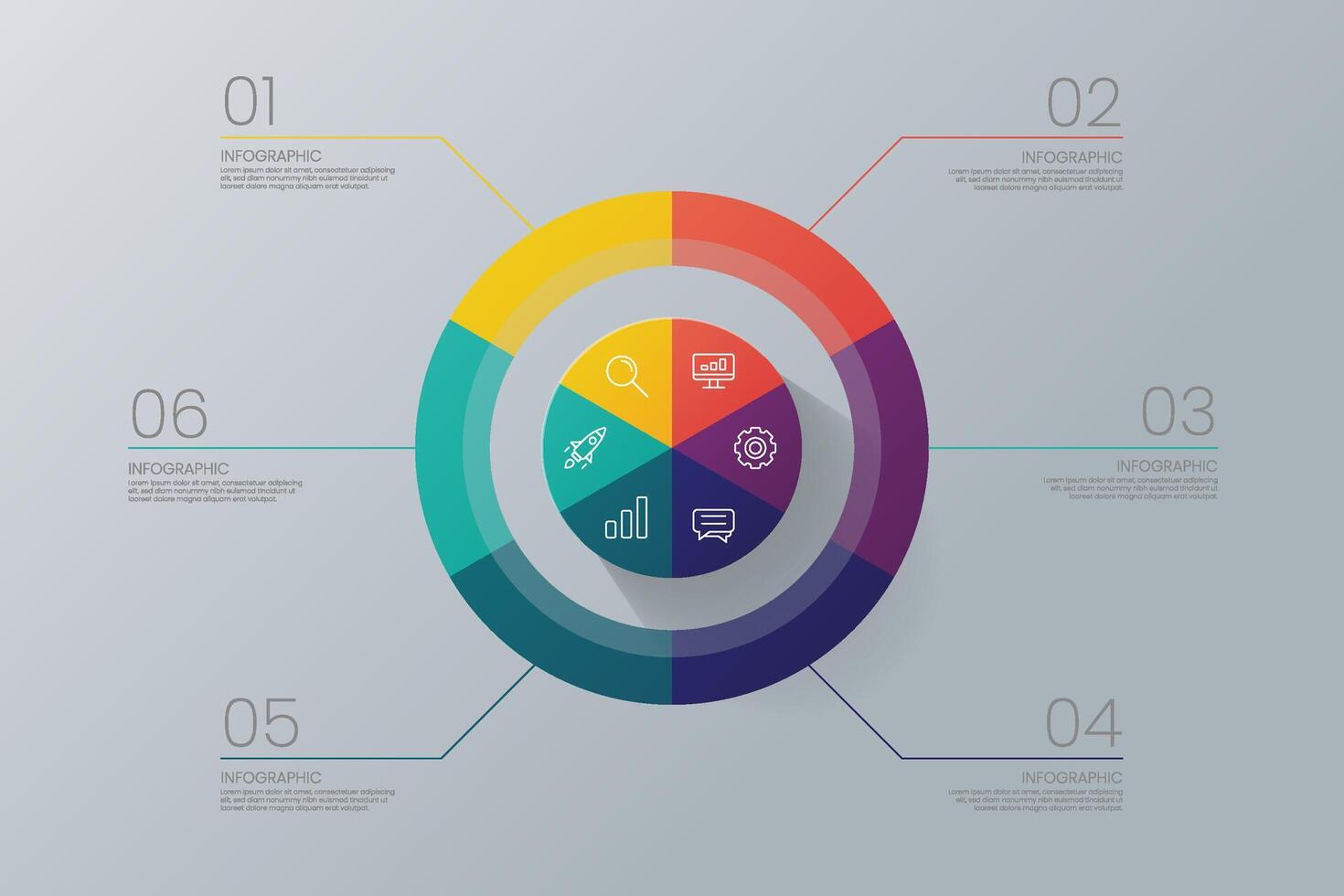 Circle shape infographic chart template with 6 options. vector