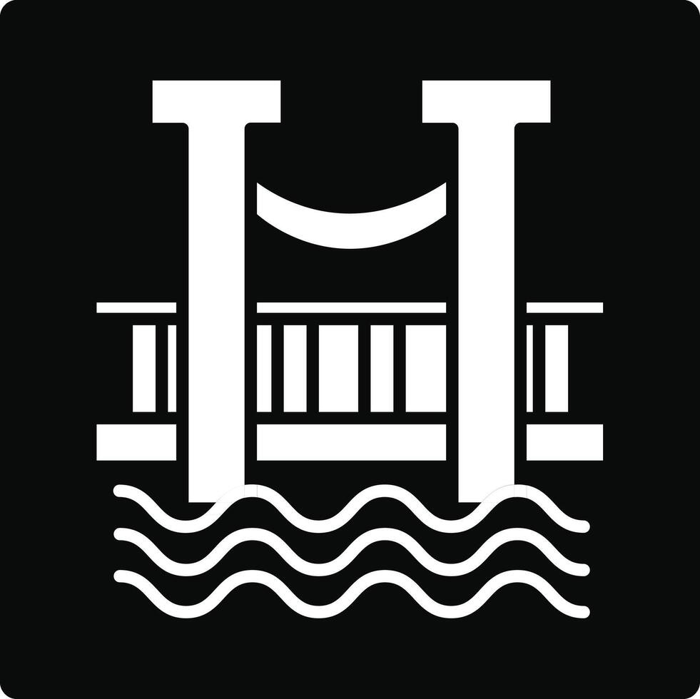 A black and white icon of a bridge over water vector