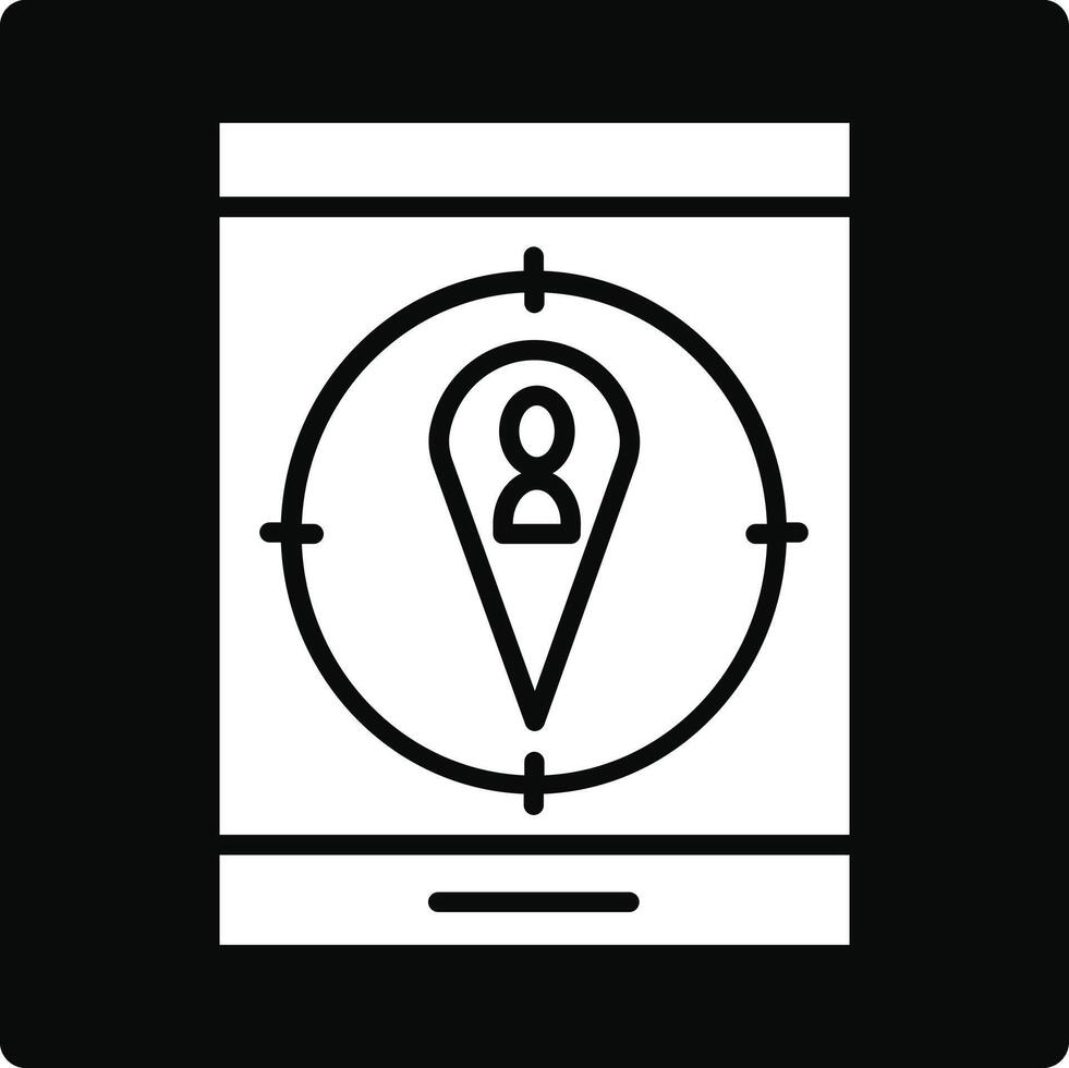 A black and white icon of a map pin on a phone vector