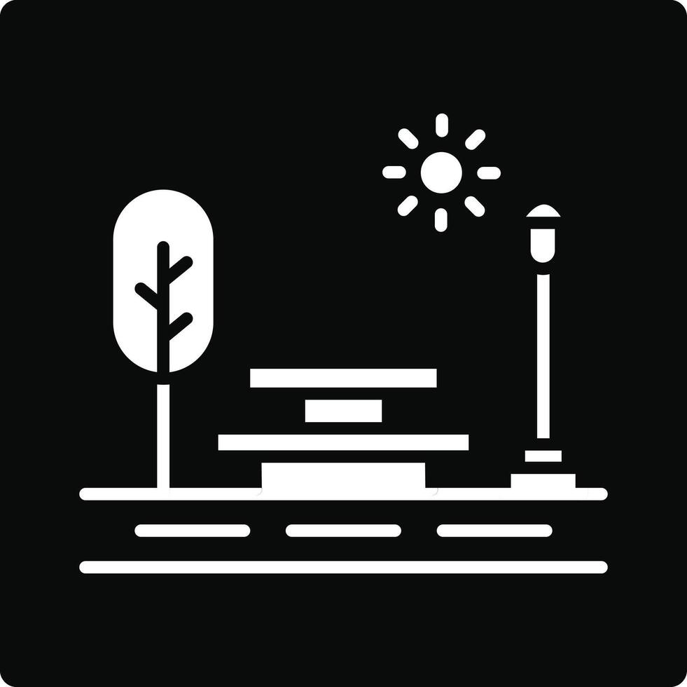 A black and white icon of a park with a tree and lamp post vector