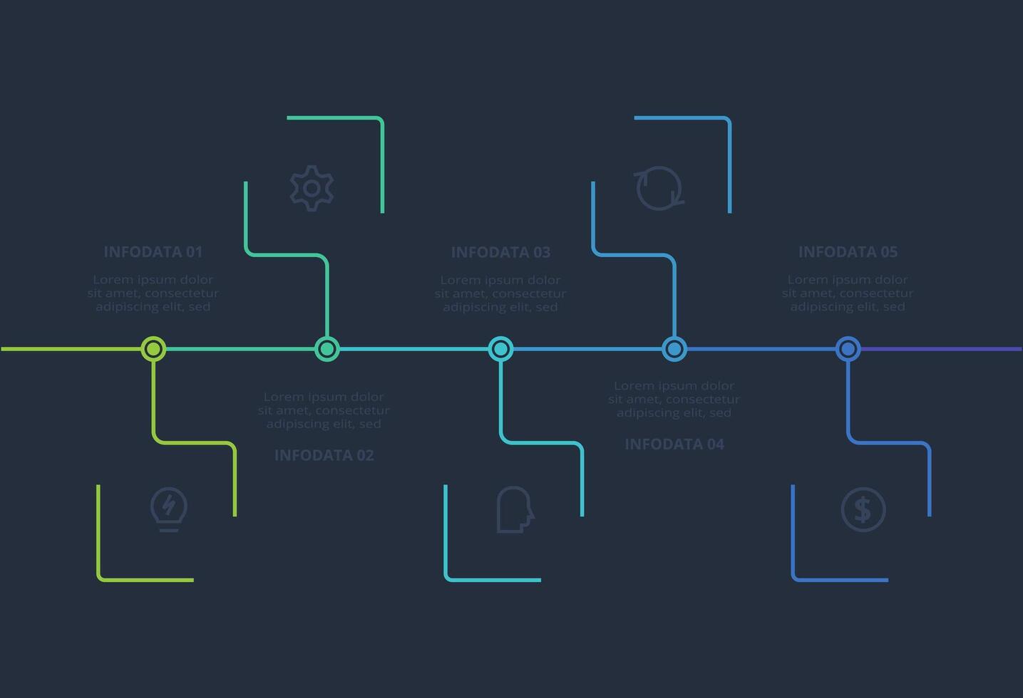 Line concept for infographic with 5 steps, options, parts or processes. Template for web on a black background. vector