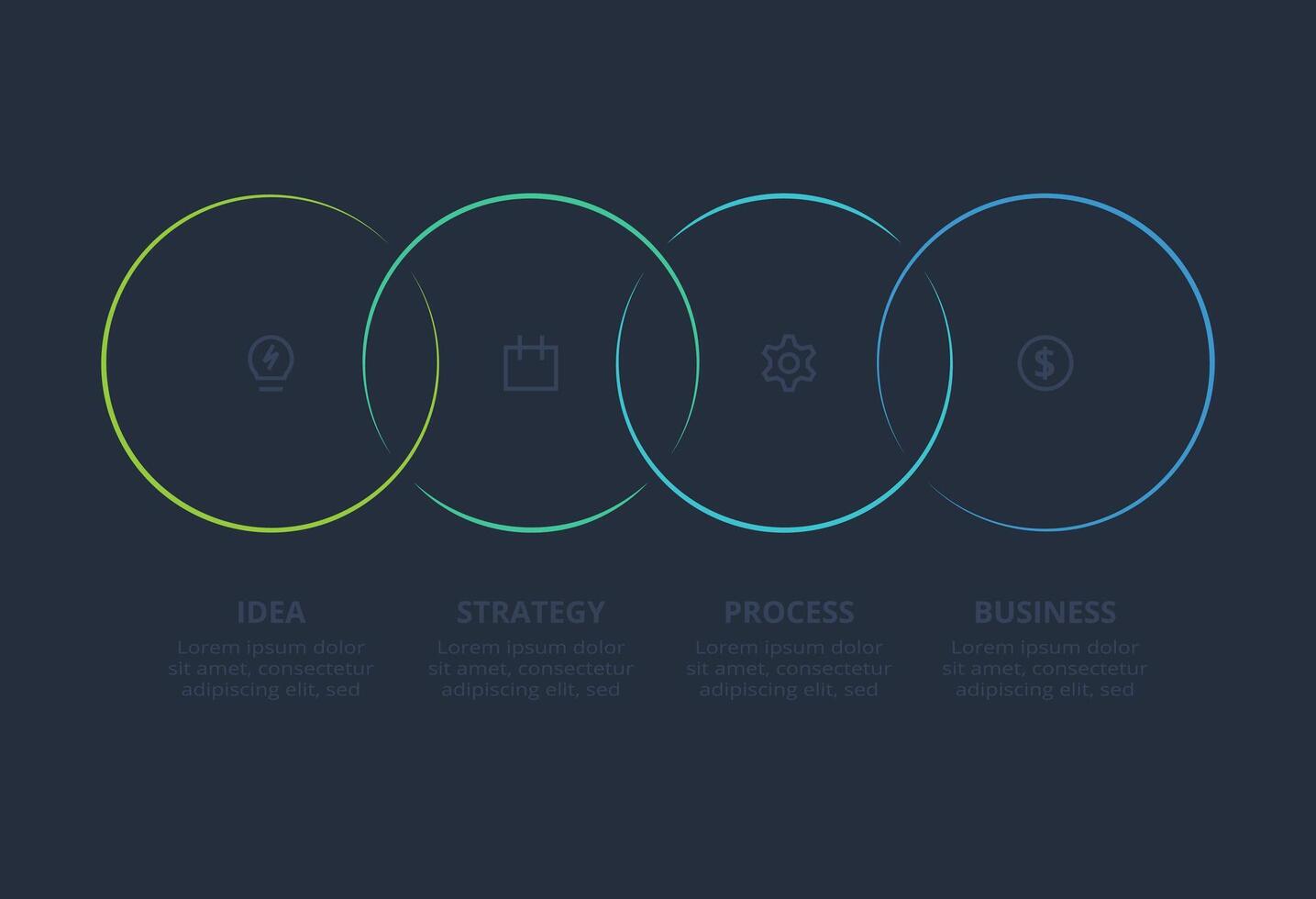 Line concept for infographic with 4 steps, options, parts or processes. Template for web on a black background. vector