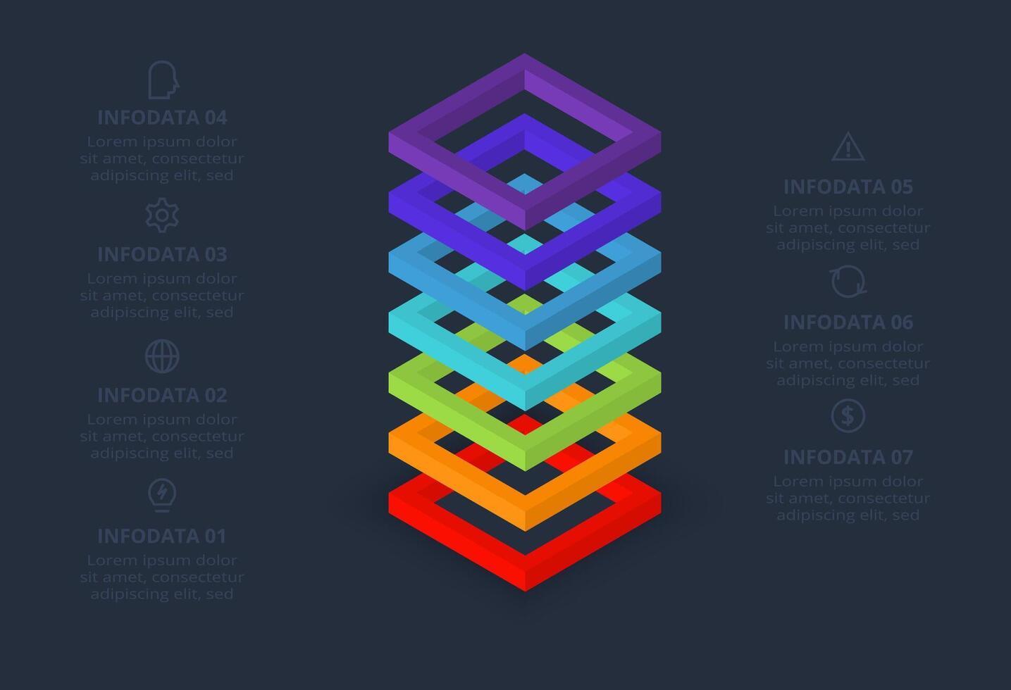 Diagram concept for infographic with 7 steps, options, parts or processes. Template for web on a black background. vector