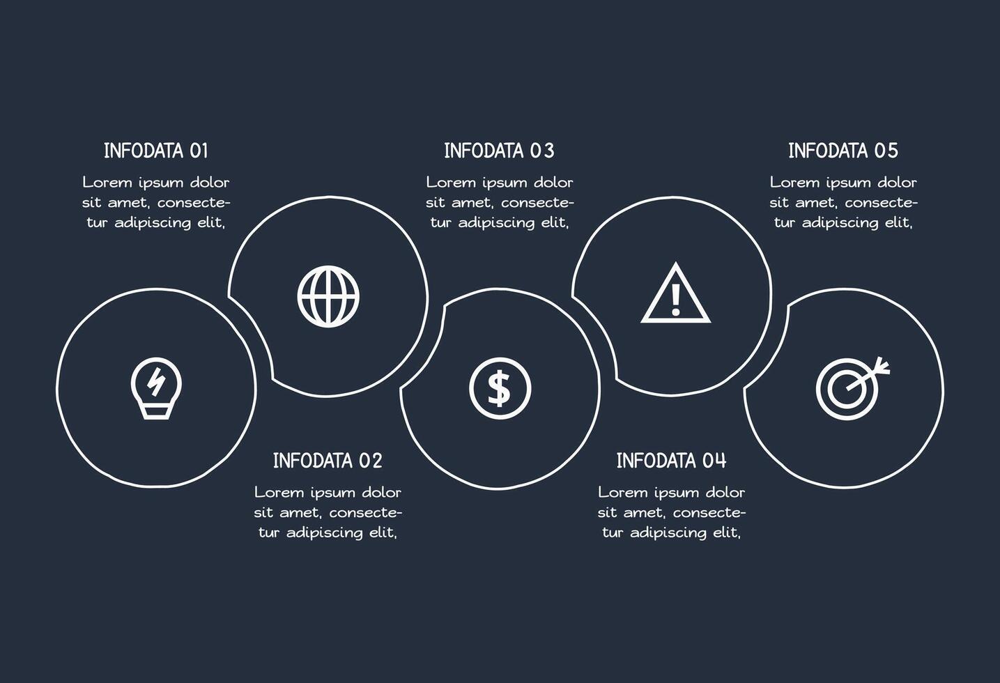 Doodle dark infographic elements with 5 options, template for web on a black background. vector