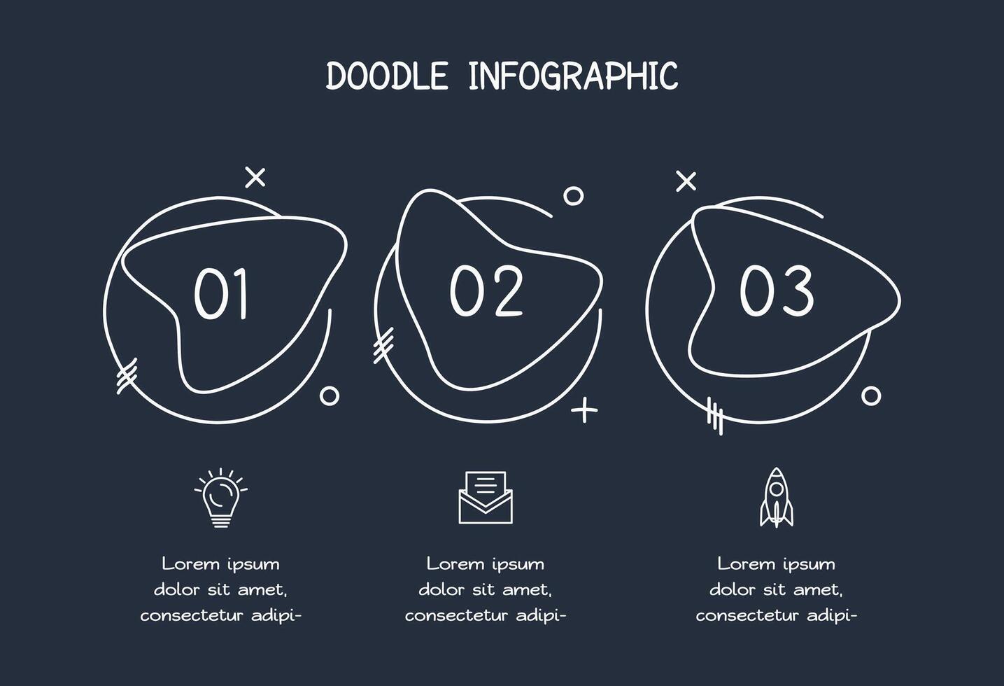Doodle dark infographic elements with 34 options, template for web on a black background. vector
