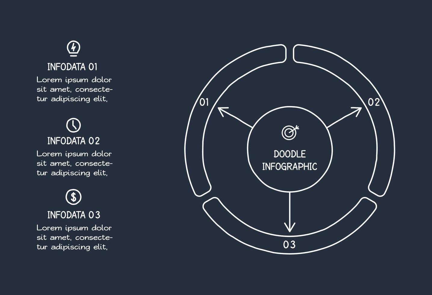 Doodle dark infographic elements with 3 options, template for web on a black background. vector