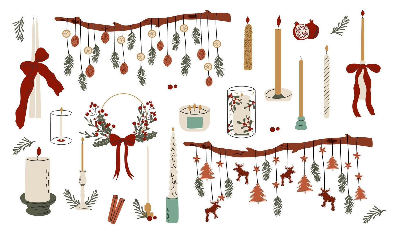 Eco responsable Christmas decoration. Hand drawn winter design of candles, plant wreath, organic suspension with fir tree, cookies, oranges. vector