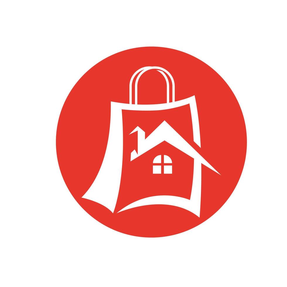 A red and white logo with a house and shopping bag vector