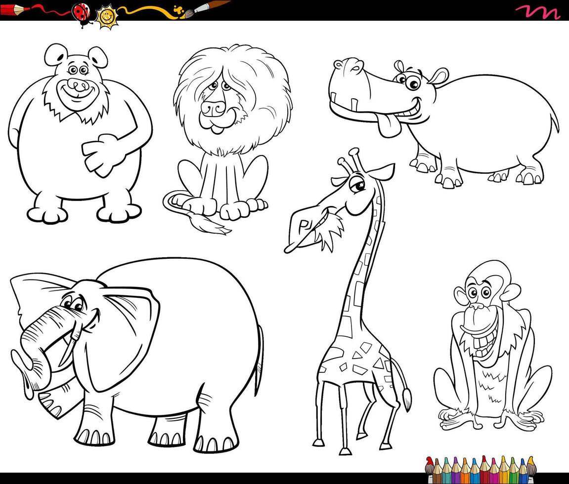 funny cartoon wild animals characters set coloring page vector