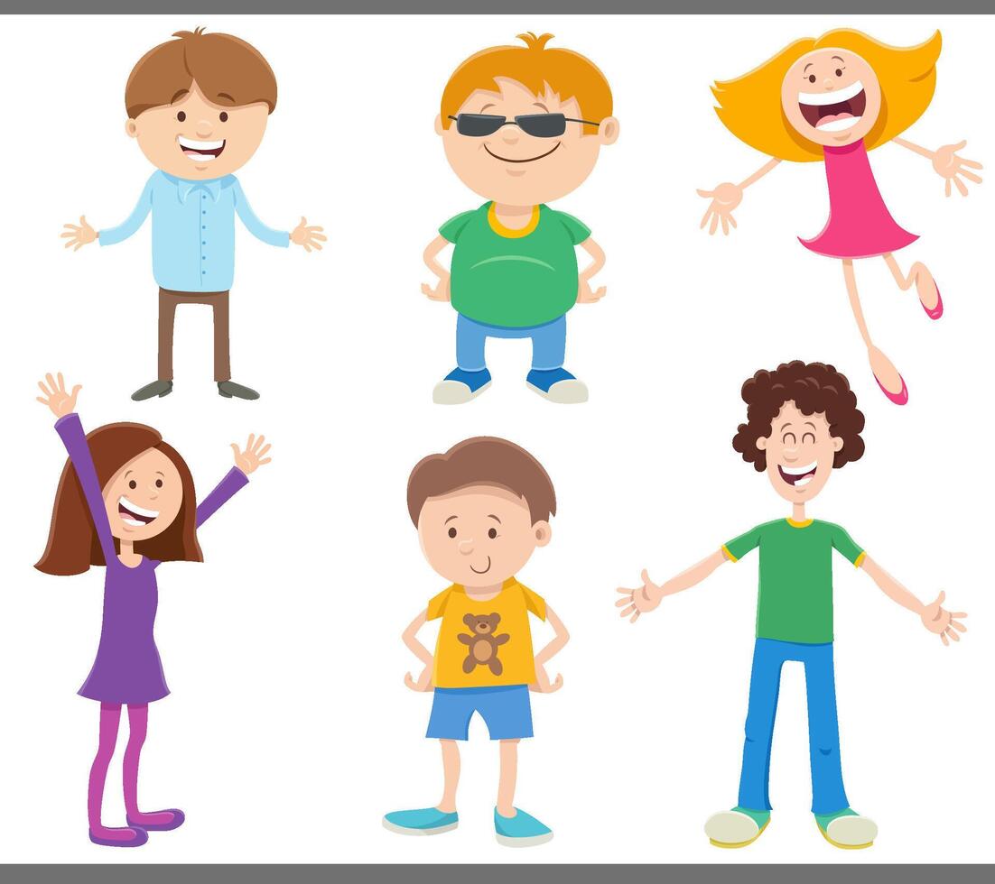 cartoon happy kids and teens comic characters set vector