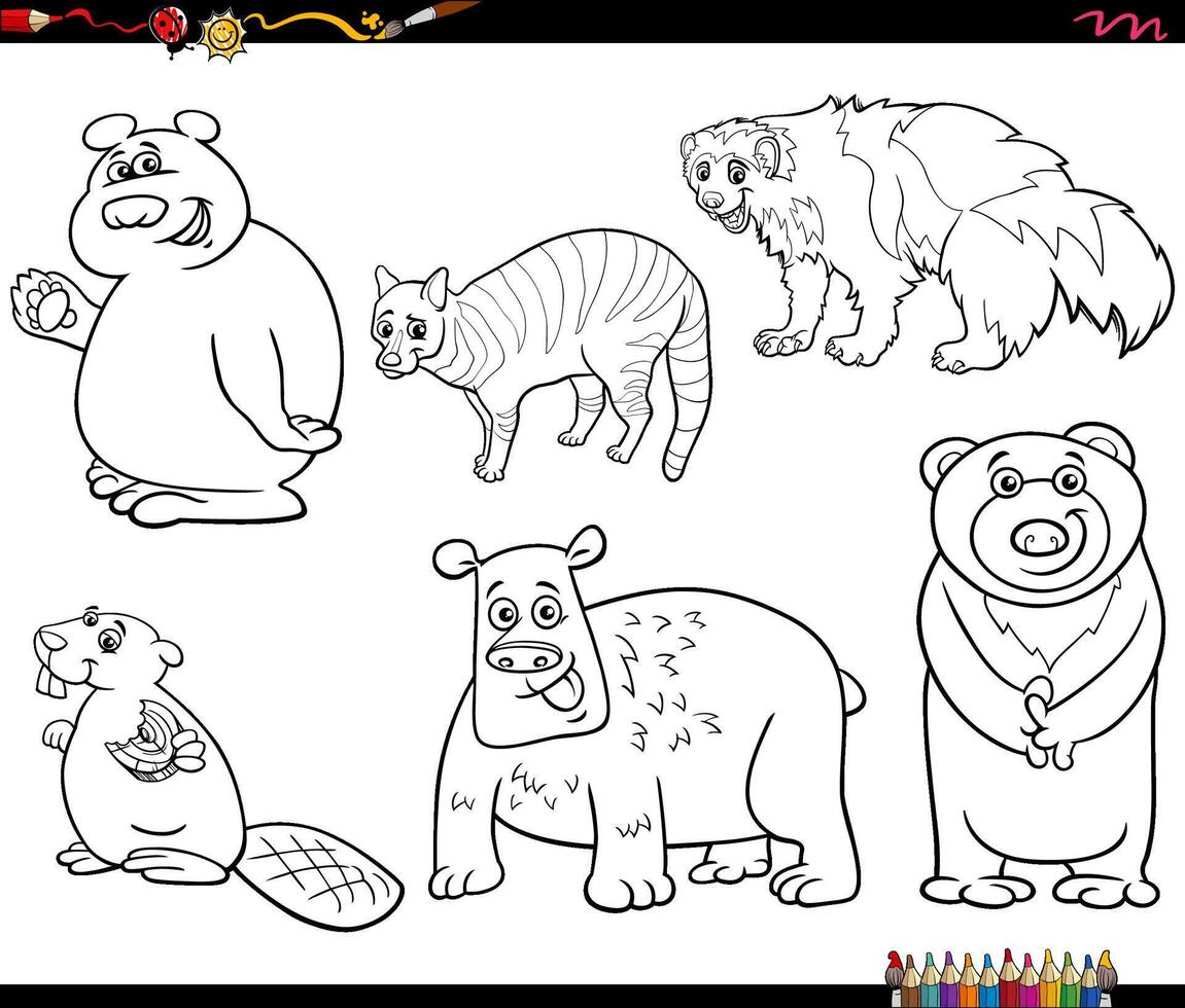 cartoon funny wild animals characters set coloring page vector