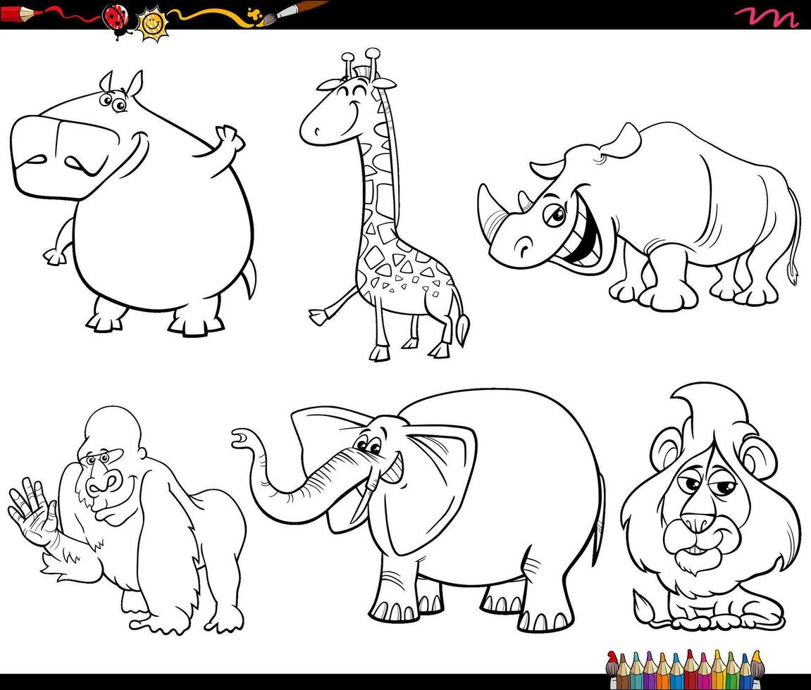 happy cartoon wild animals characters set coloring page vector