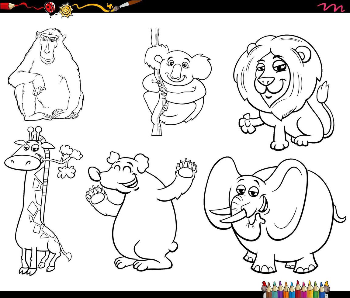 cartoon wild mammals animal characters set coloring page vector