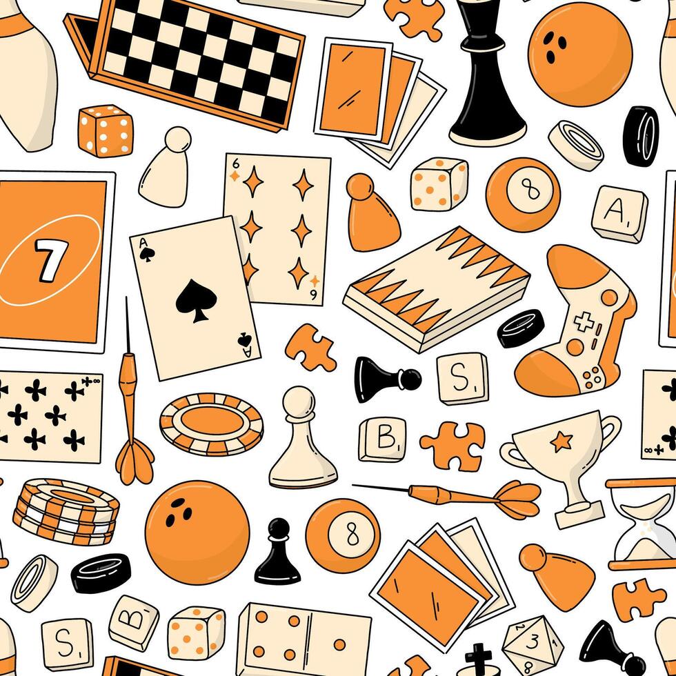 board games and entertainment doodles seamless pattern for wallpaper, wrapping paper, scrapbooking, stationery, packaging, backgrounds, EPS 10 vector