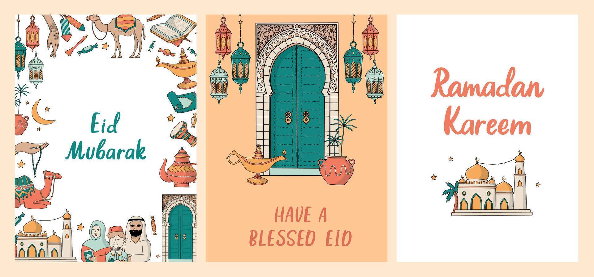 ramadan posters, greeting cards, invitations, banners collection with lettering quotes and doodles. Islamic holidays theme. EPS 10 vector