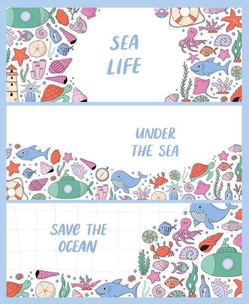 Sea life horizontal banners collection with doodles and lettering quotes. save the ocean theme. Good for posters, prints, cards, invitations, social media, etc. EPS 10 vector