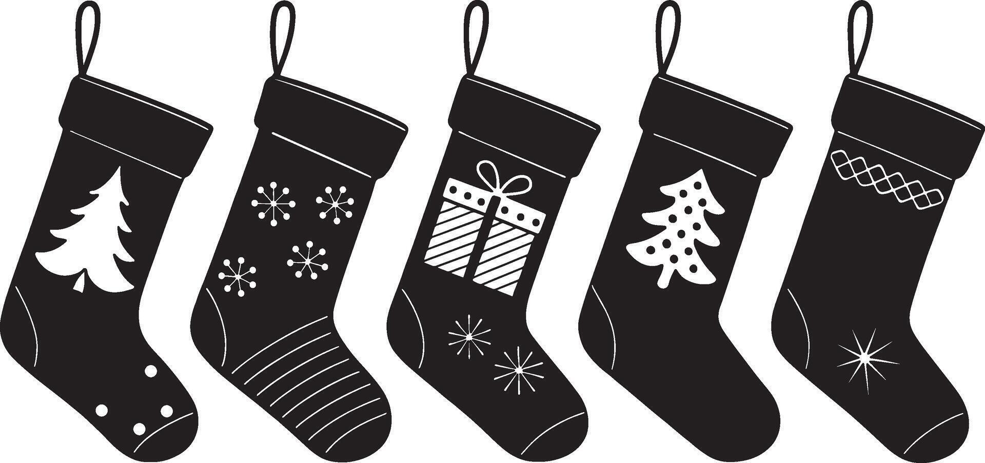 Christmas Stocking Silhouette Clipart Set. Black and White Stocking Celebration for Holiday. Art Illustration Design. vector