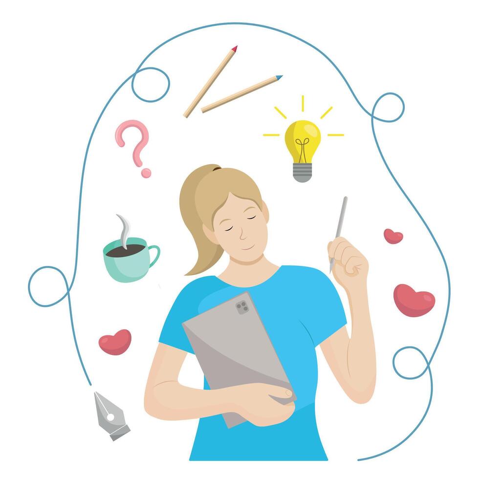 Girl with tablet and stylus in hands, graphic designer, flat , isolate on white vector