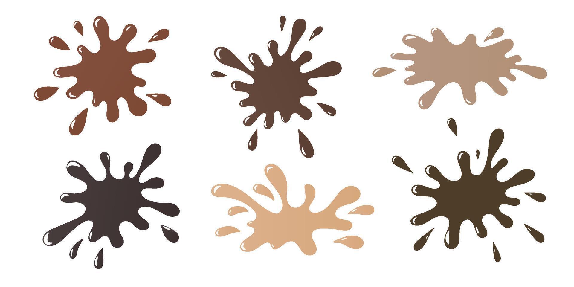 Set of coffee, cocoa or hot chocolate melted splashes and drops isolated on white. Flat design element. vector