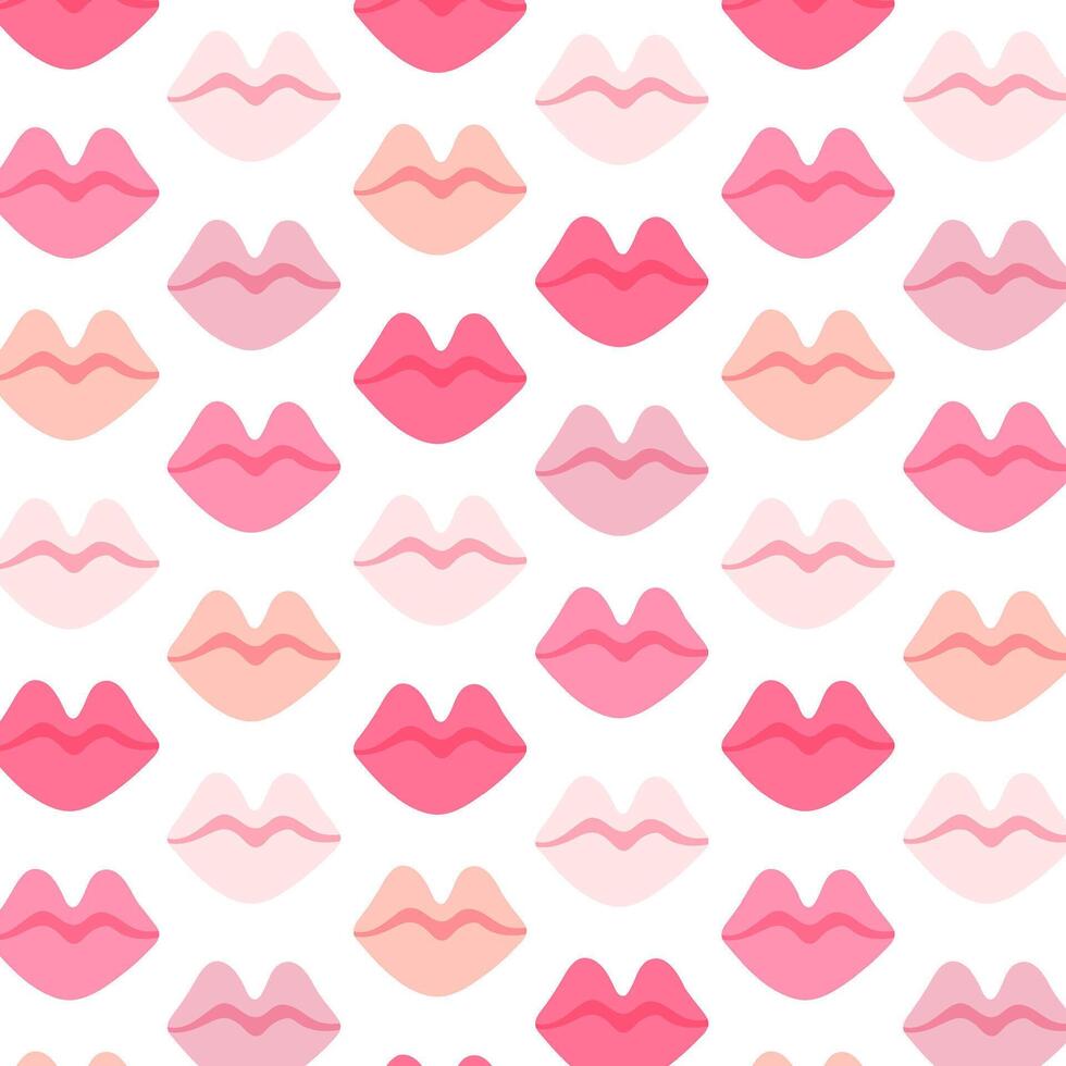 Pink lips regular seamless pattern. Delicate cute pastel lips repeat on white background. Flat style. vector