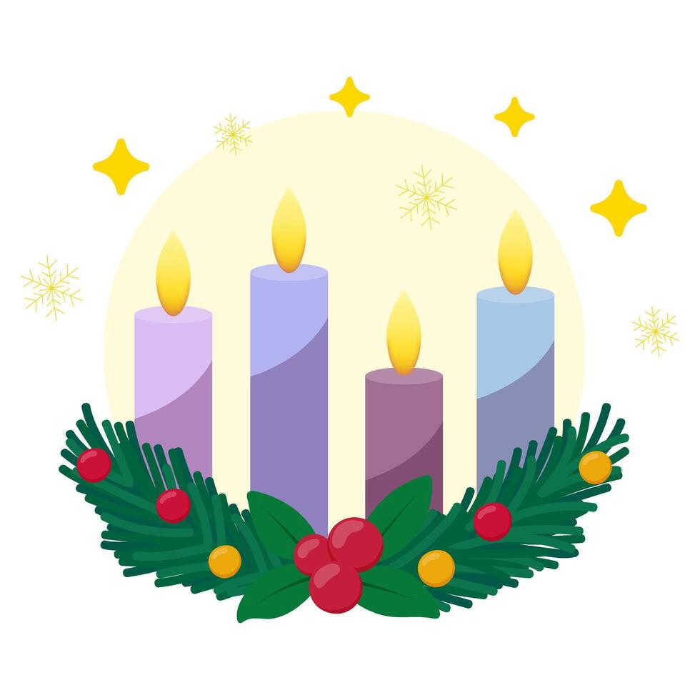Advent wreath, decorated with green pine branches, red berries, decorations and four lit candles. Golden stars and snowflakes on background. Holiday illustration. vector