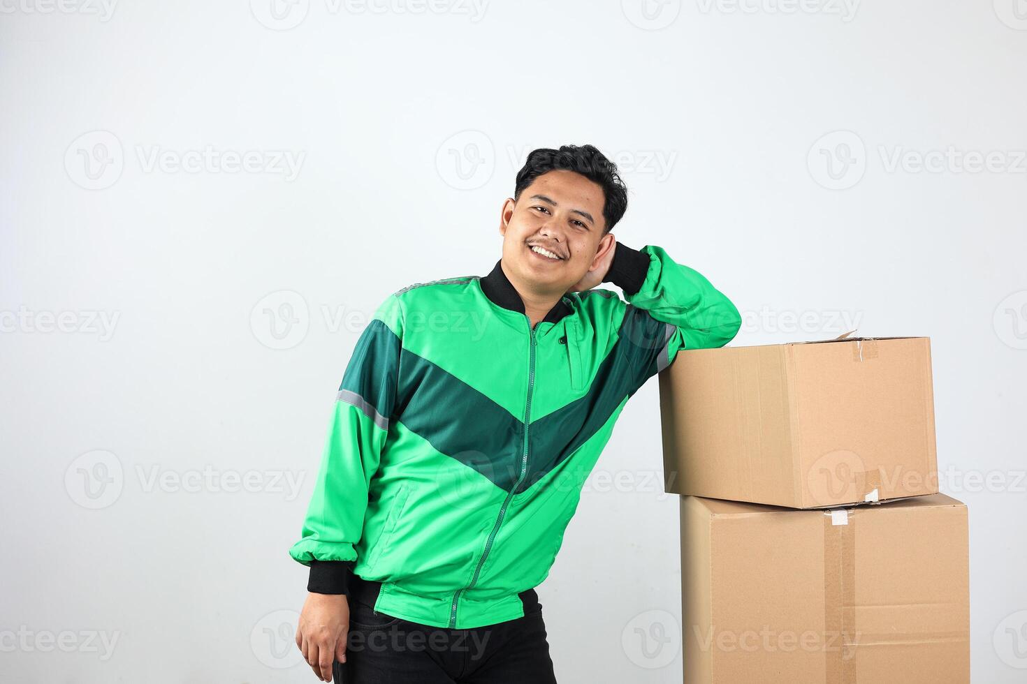 Asian Online Driver Lean on Box, Gojek Grab Delivery Concept photo