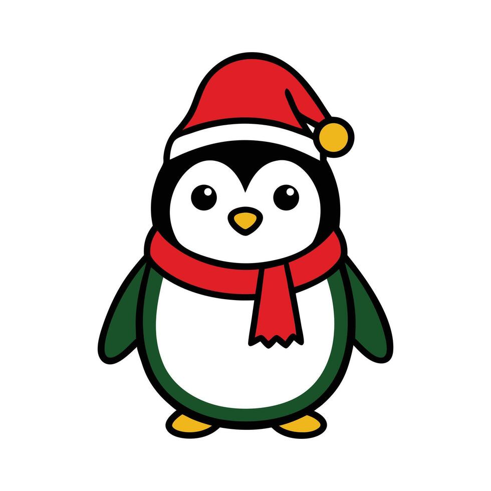 A cute Frosty the Penguin wearing a Santa clause hat and scarf on white background vector