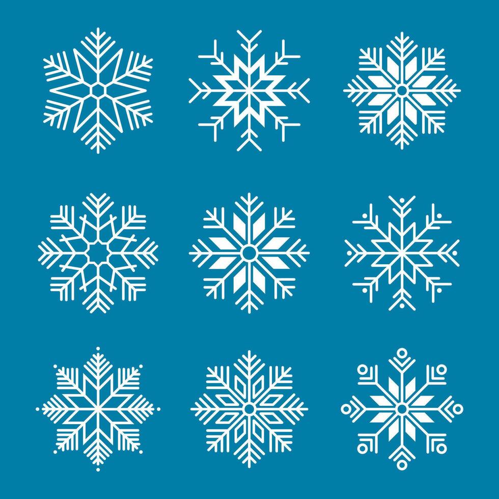 set of snowflakes in a winter design with blue and white patterns vector