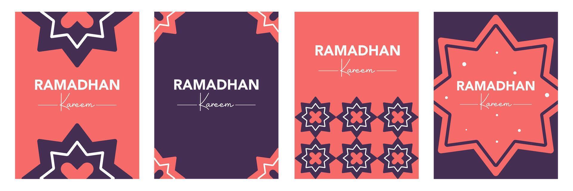 Trendy Ramadan kareem set illustration with islamic geometric pattern in pink and purple color background for banner, cover, greeting card, poster, social media vector
