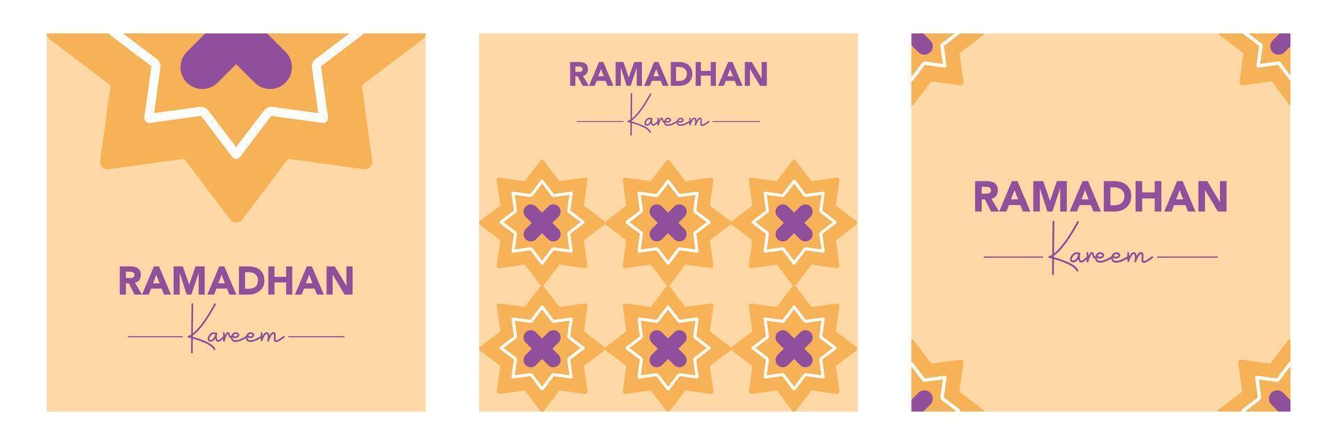 Creative Ramadan kareem square set illustration with islamic geometric pattern in yellow color background for banner, cover, greeting card, poster, social media vector